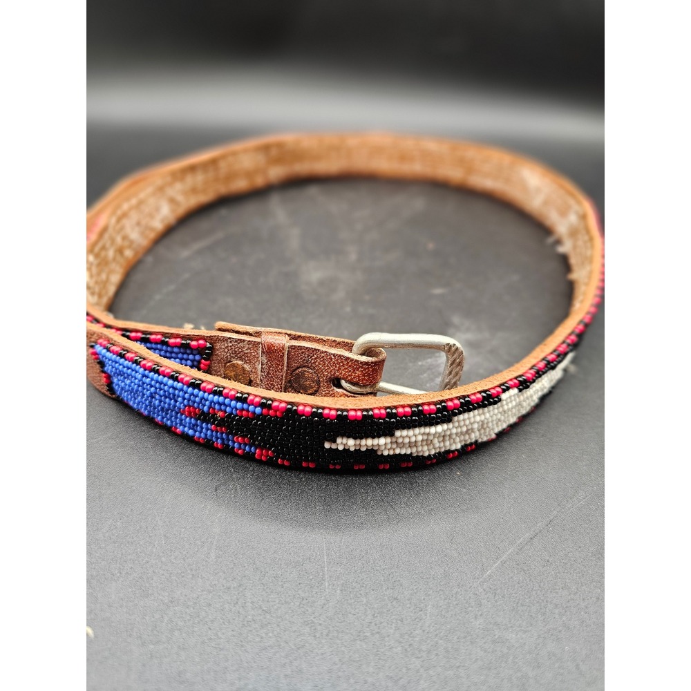 Vintage Handcrafted Beaded Leather Belt Brown Southwestern Tribal 41 Inch